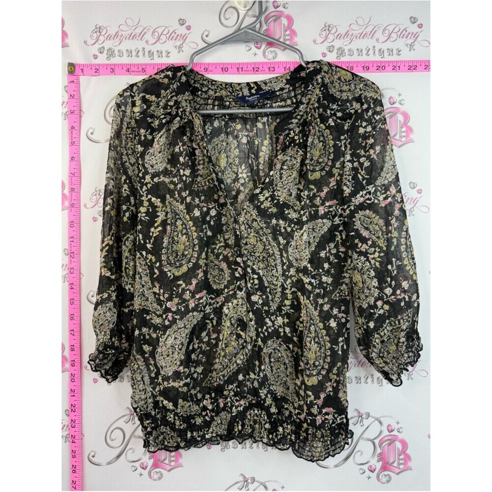 Reitmans shirt top blouse Black Paisley Sheer Blouse with Pink and Cream Accents